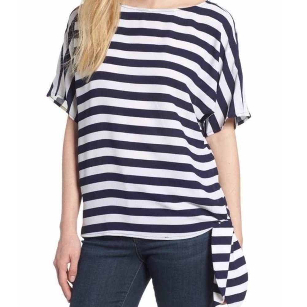 Michael Kors Navy White Striped Tie Hem Top L Nautical Dolman Sleeve